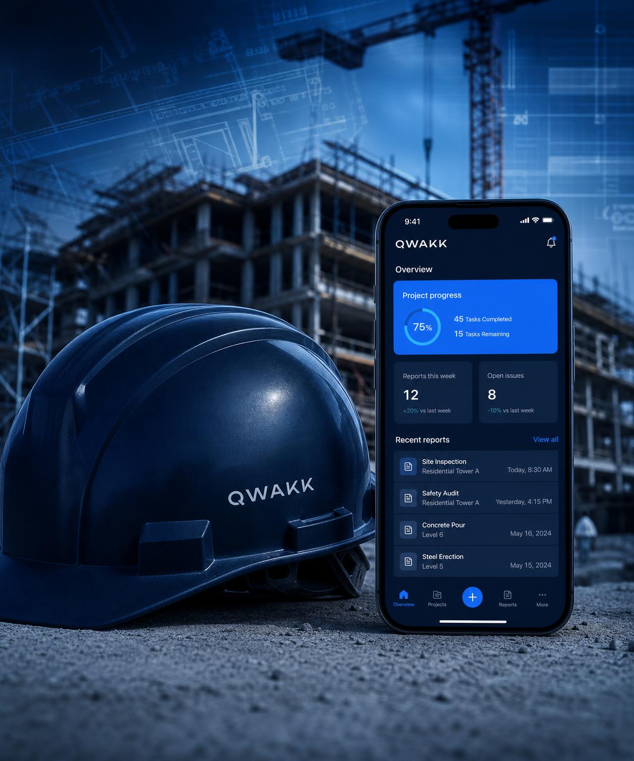 QWAKK hard hat on a construction site next to the QWAKK mobile app dashboard